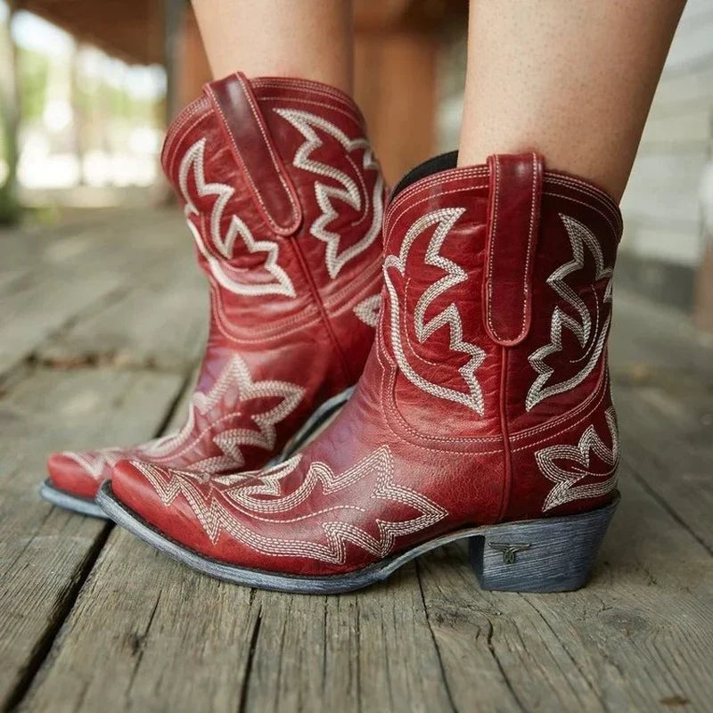 Women's Embroidery-Detail Western Booties – Wine Red