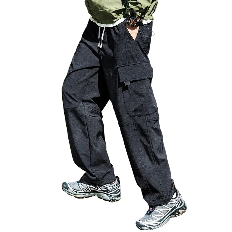Men's Water-Repellent Straight-Cut Hiking Cargo Trousers – Black