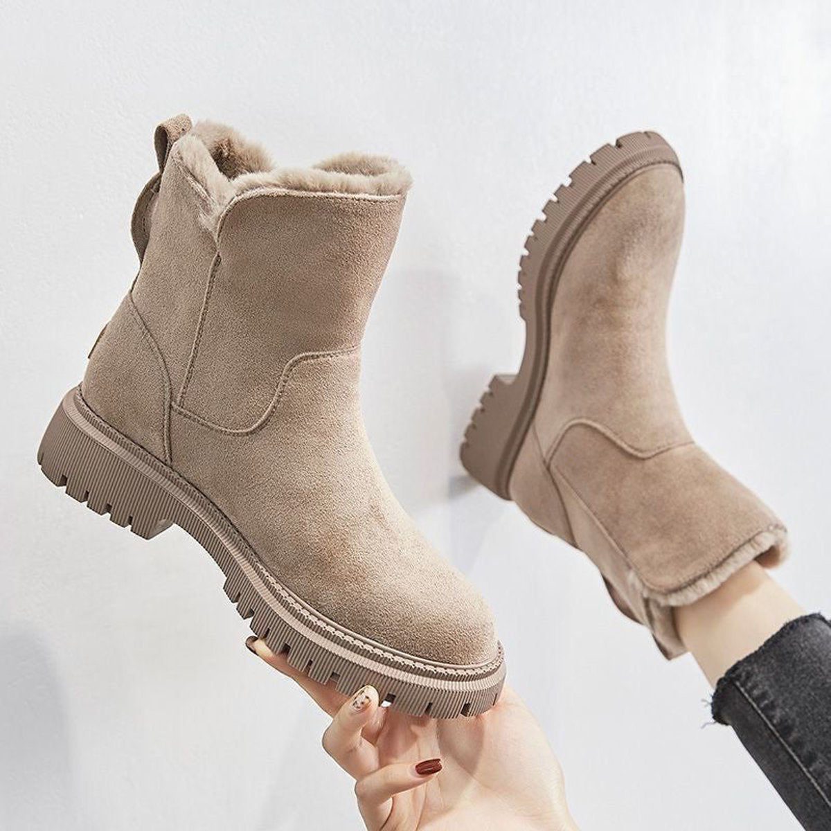 Women's Suede-Finish Pull-On Booties with Fleece Lining – Beige