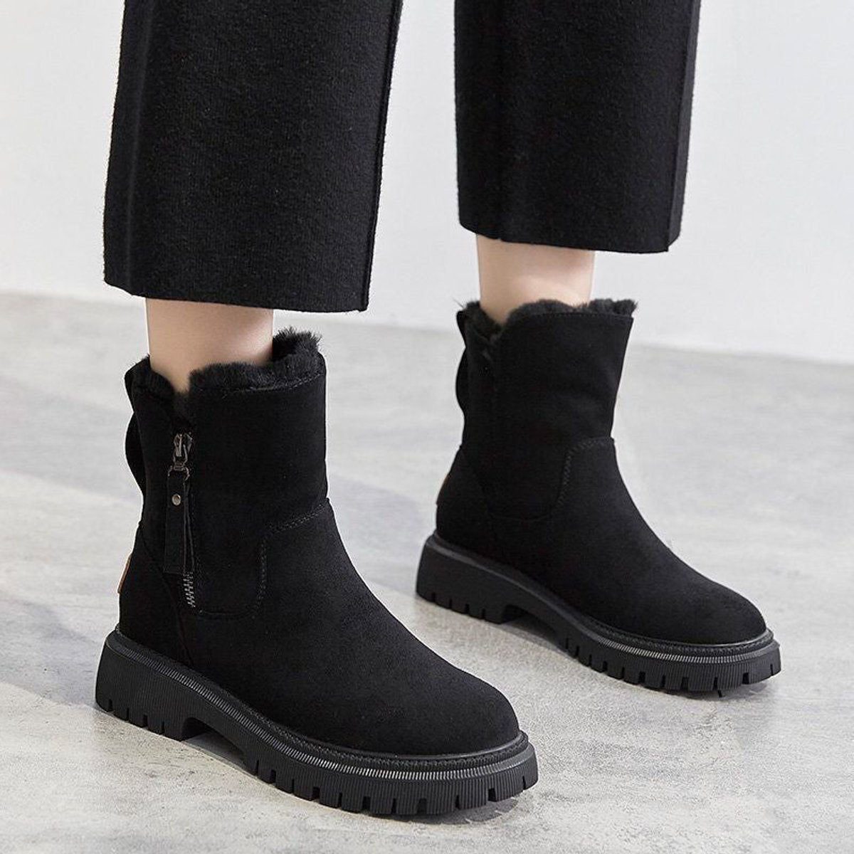 Women's Suede-Finish Pull-On Booties with Fleece Lining – Black