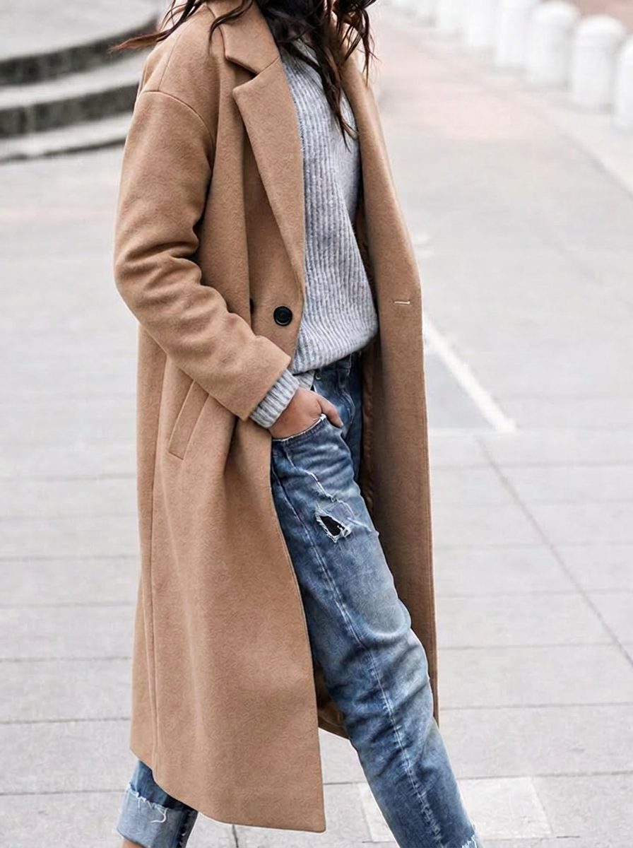 Women's Loose-Fit Lapel Button-Up Coat – Khaki