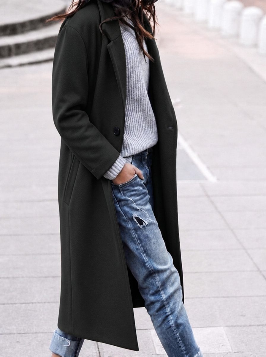 Women's Loose-Fit Lapel Button-Up Coat – Black