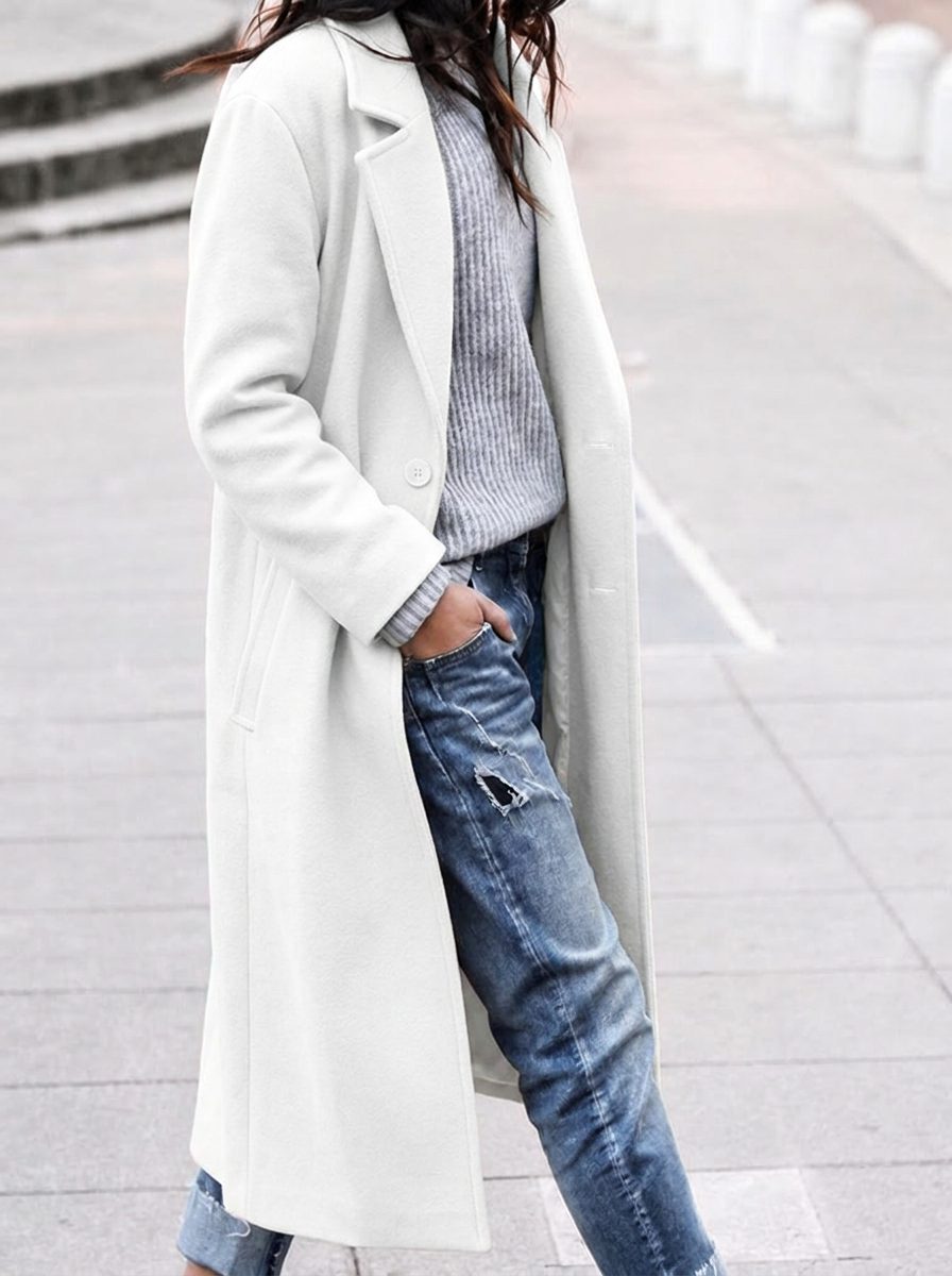 Women's Loose-Fit Lapel Button-Up Coat – White