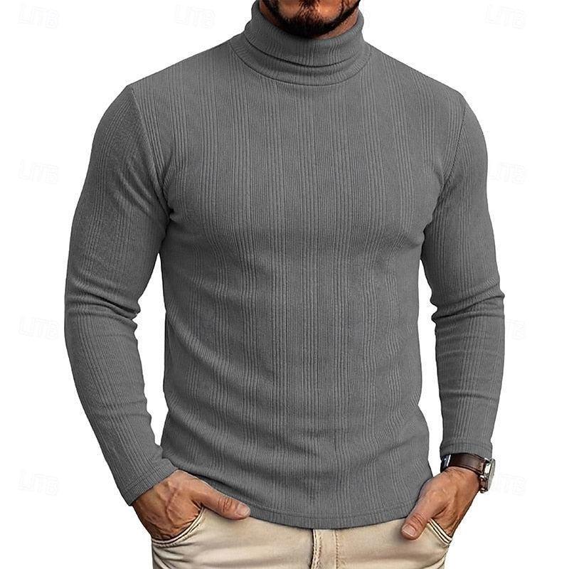 Men's Rib-Knit Texture Slim-Cut Fit Roll-Neck Knit Pullover – Gray