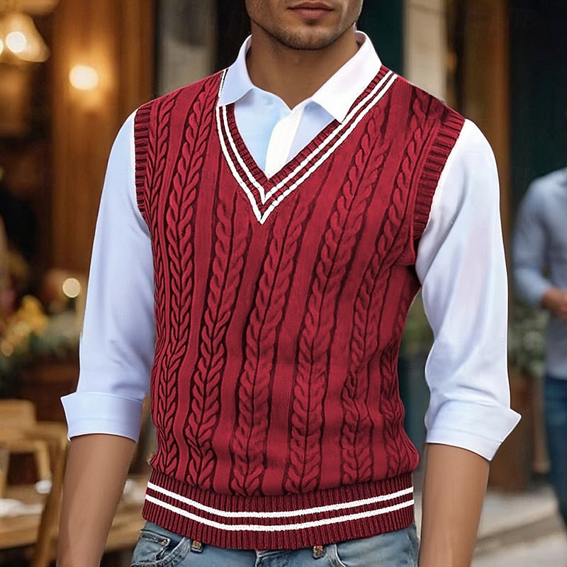 Men's Stripe-Detail Cable-Stitch V-Neckline Vest – Red