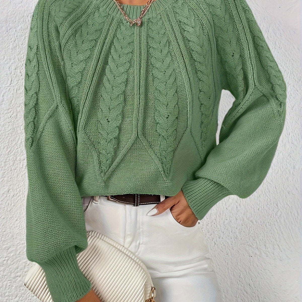 Women's Cable-Stitch Lantern Sleeve Pullover – Matcha