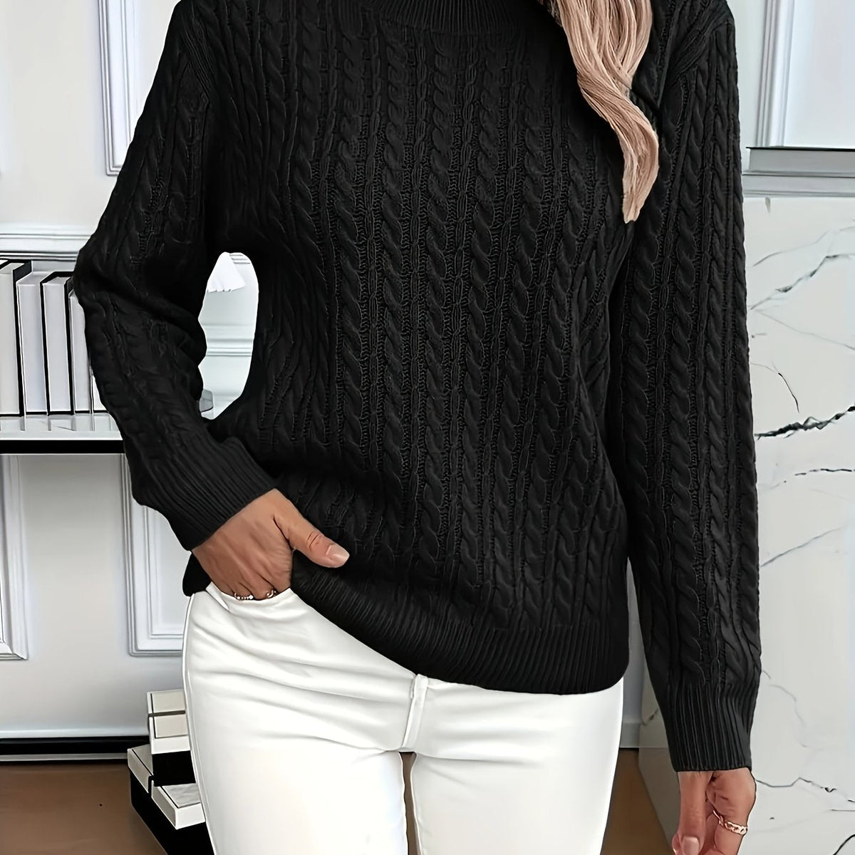 Women's Cable-Stitch Easy-Fit Pullover – Black