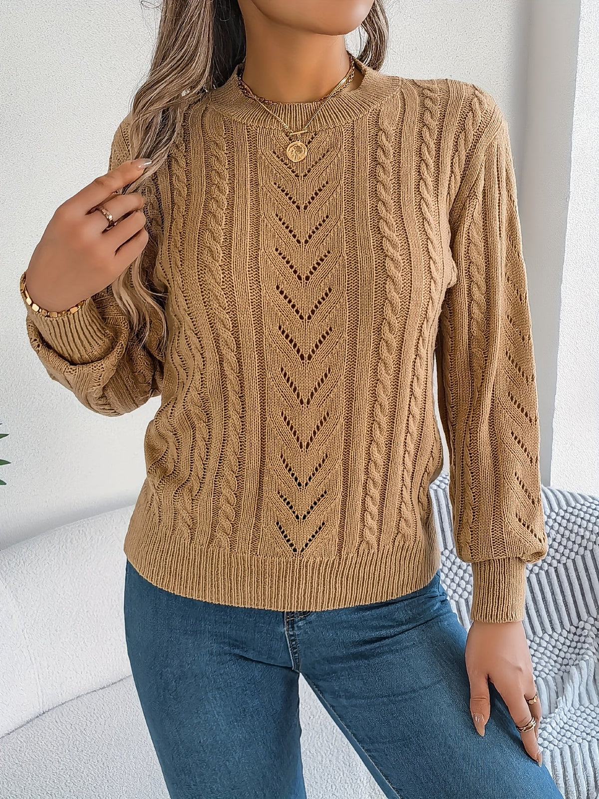 Women's Cable-Stitch Openwork Round-Neck Pullover – view 2