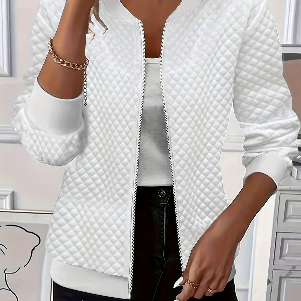 Women's Quilted-Texture Baseball Collar Jacket for Work – White