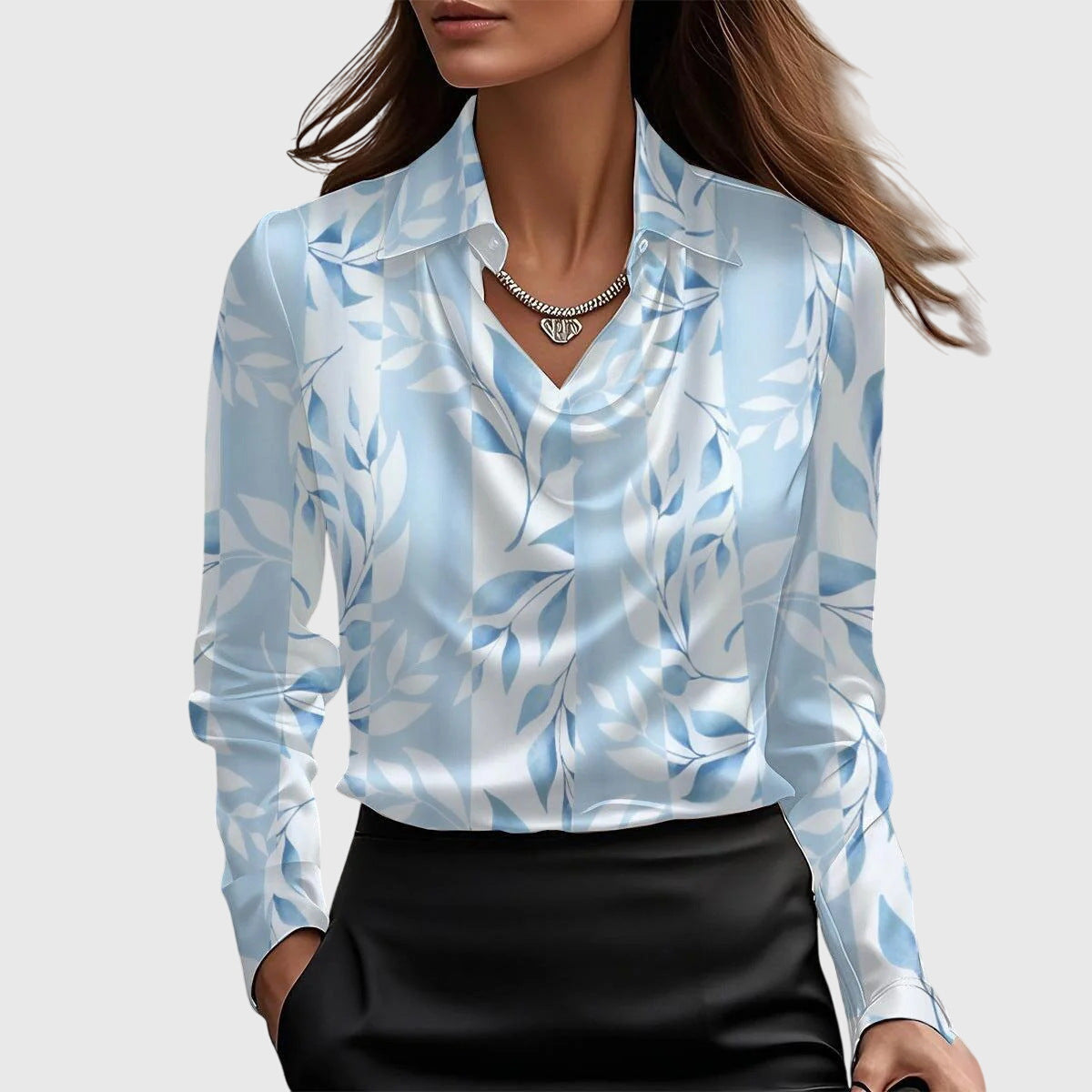 Women's Satin-Finish Cowl-Neck Blouse – Blue Floral