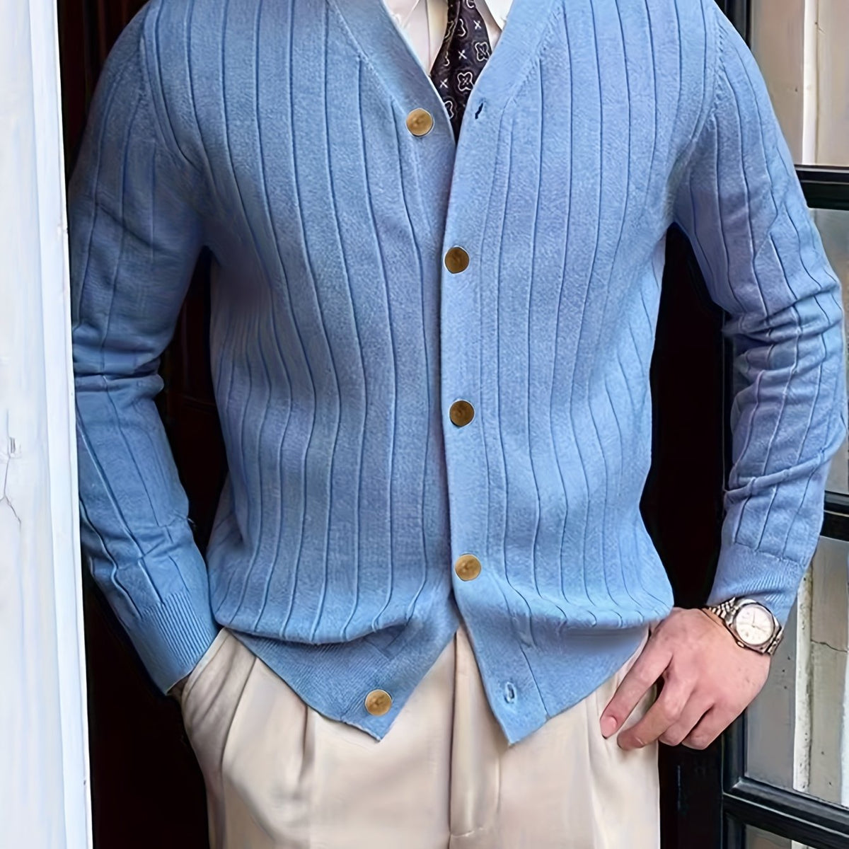 Men's Rib-Knit Button-Up Knit Cardigan Pullover – Sky Blue
