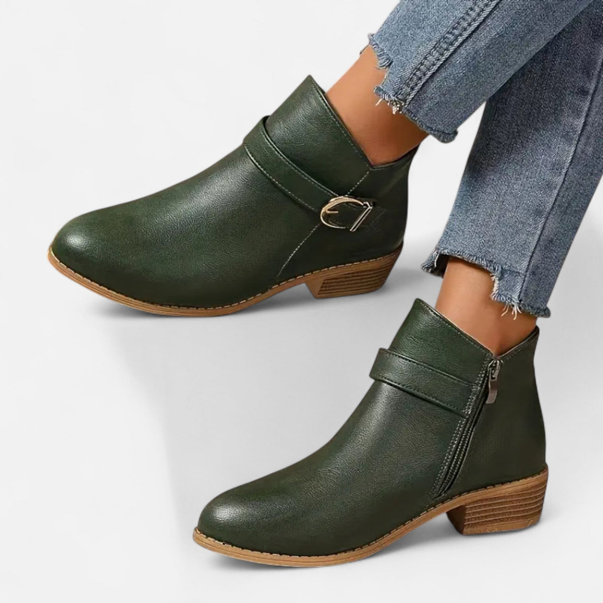 Women's Pointed-Toe Booties with Buckle Detail – Dark Green