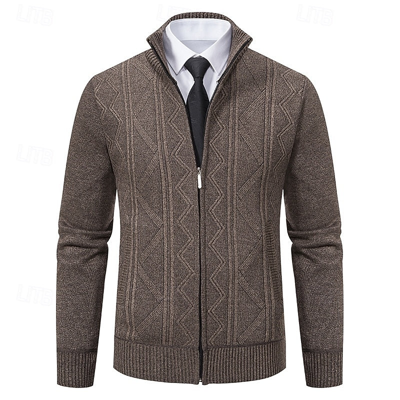 Men's Textured Knit Stand-Collar Zip Knit Cardigan – Coffee