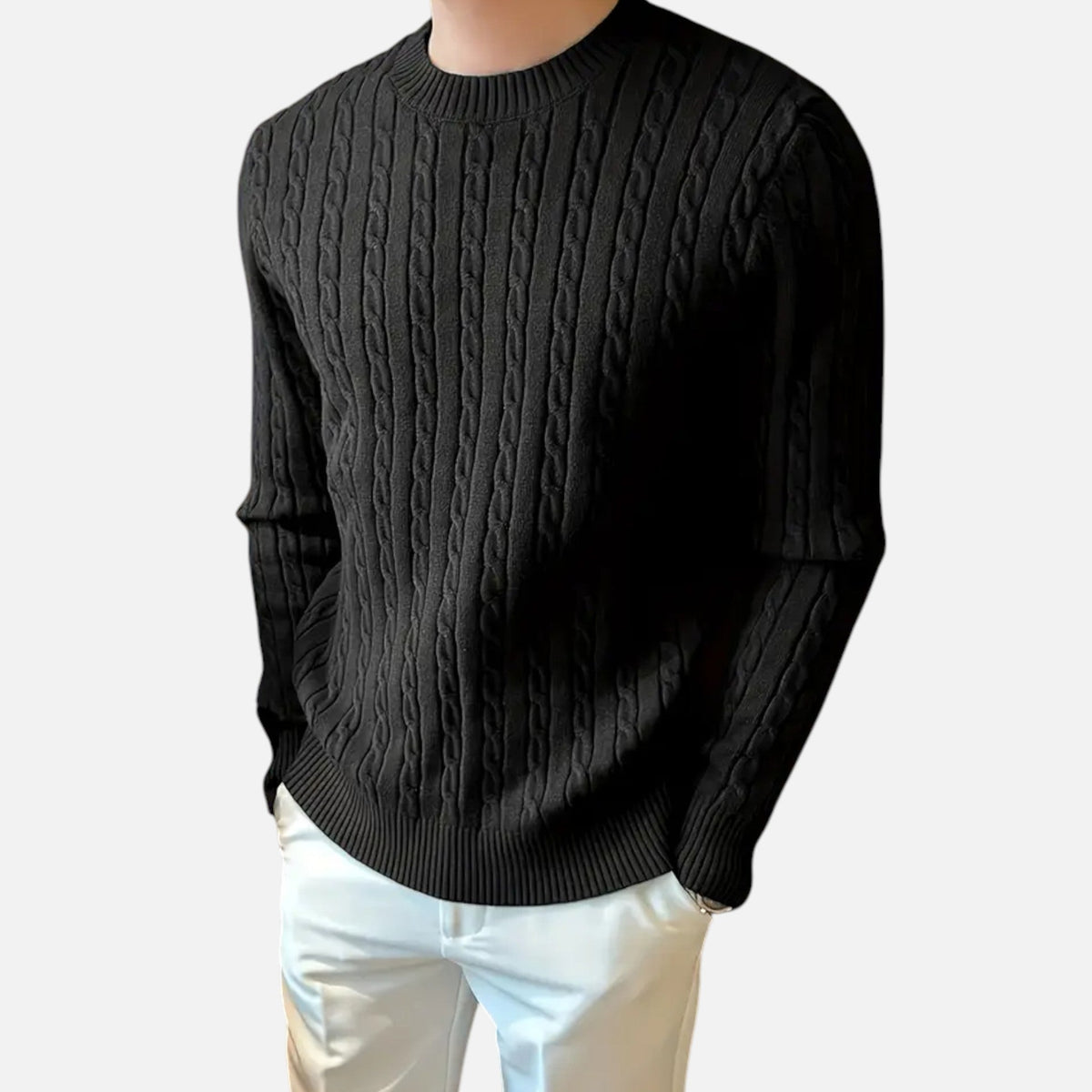 Men's Rib-Knit Crew Pullover – Black
