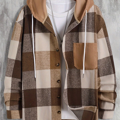 Men's Checked Hood-Detail Overshirt Jacket – Rust