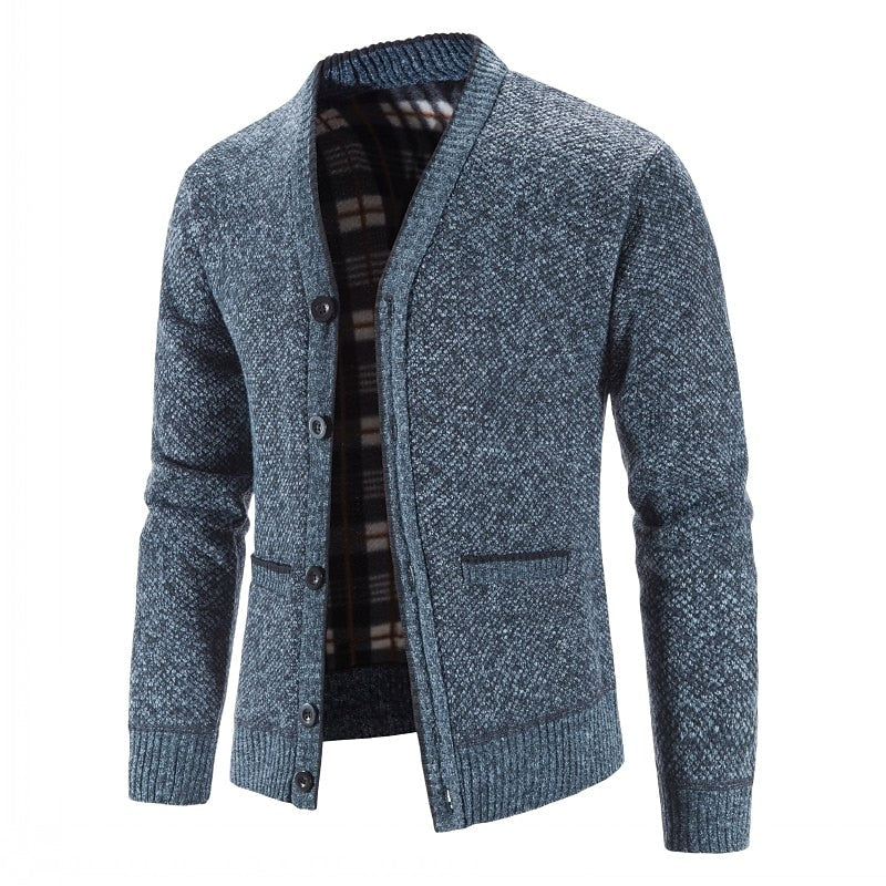 Men's Lined V-Neckline Button-Front Knit Cardigan – Blue