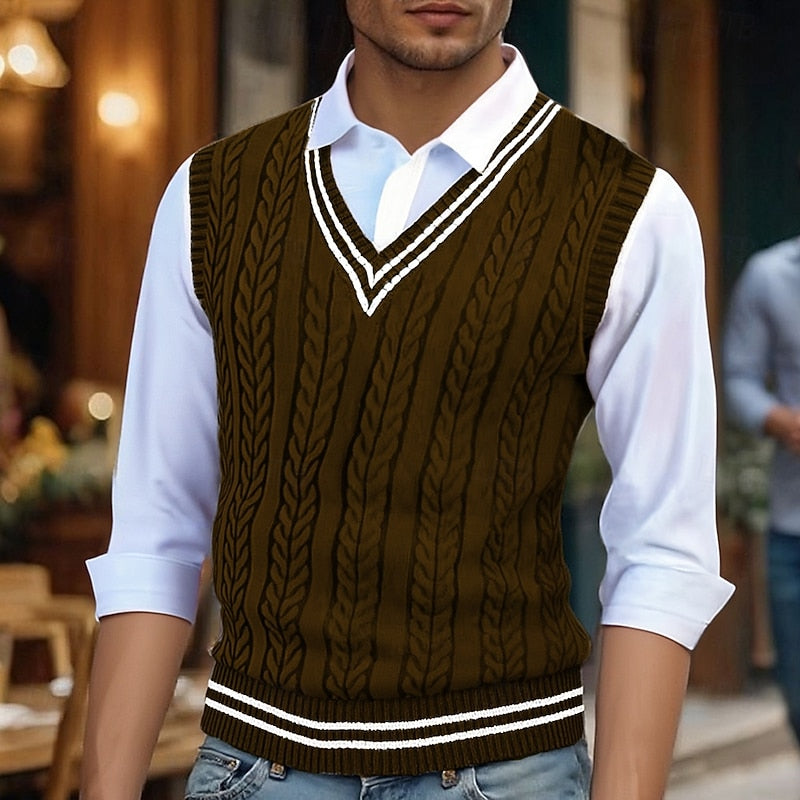 Men's Stripe-Detail Cable-Stitch V-Neckline Vest – Coffee
