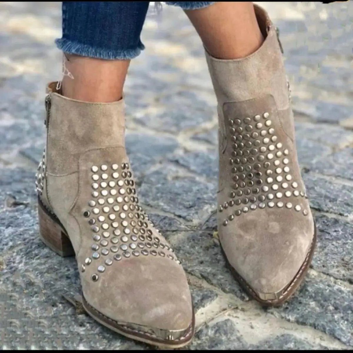 Women's Studded Suede-Finish Booties – Beige