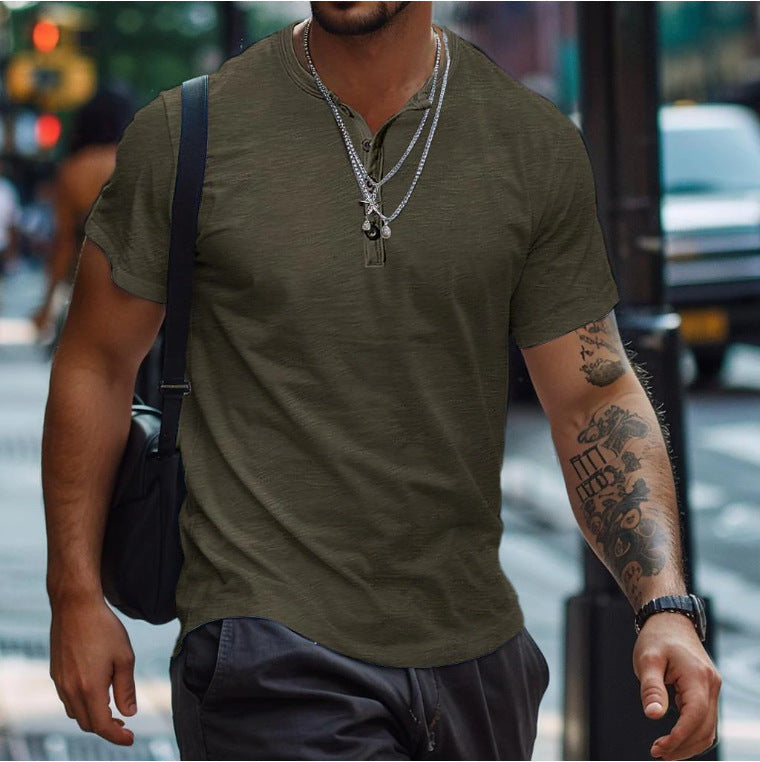Men's Textured Button Neck Polo Shirt for Weekends – Army Green