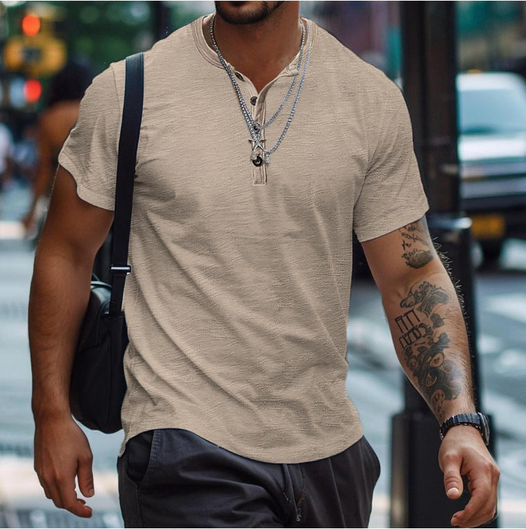 Men's Textured Button Neck Polo Shirt for Weekends – Khaki