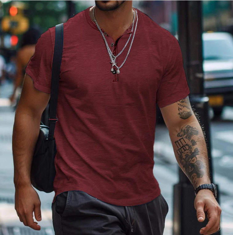 Men's Textured Button Neck Polo Shirt for Weekends – Wine Red