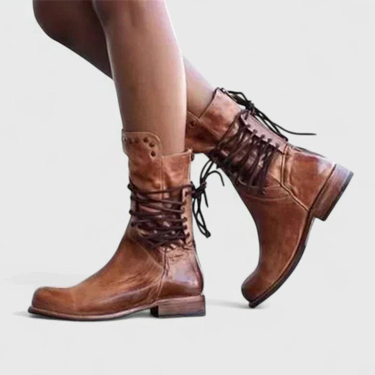 Women's Laced Block-Heel Leather Boots – Brown