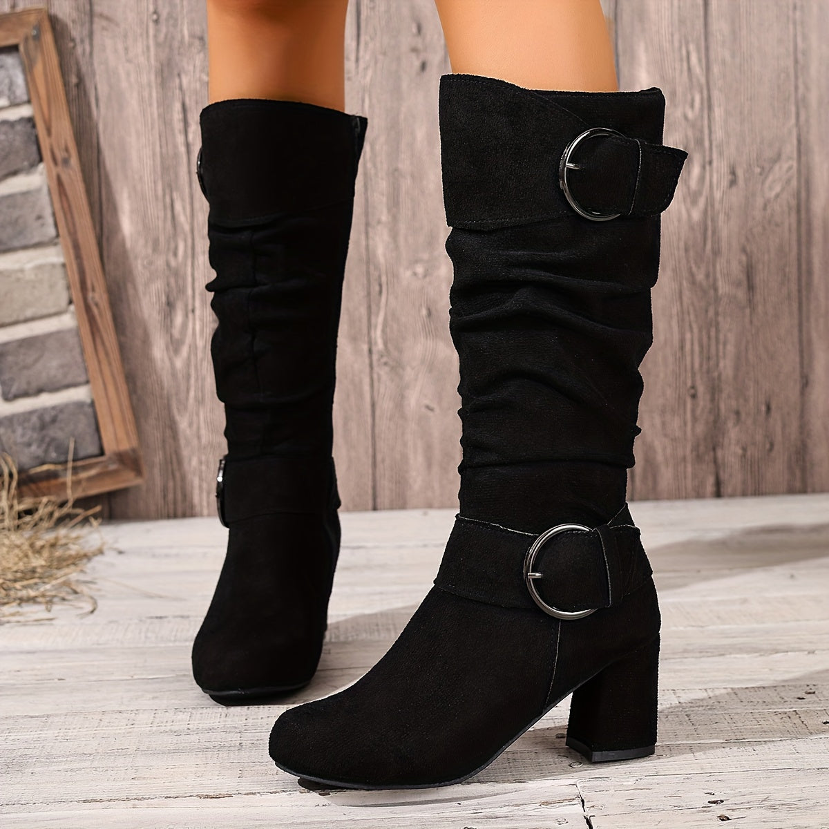 Women's Slouchy Block-Heel Knee High Boots for Weekends – Black