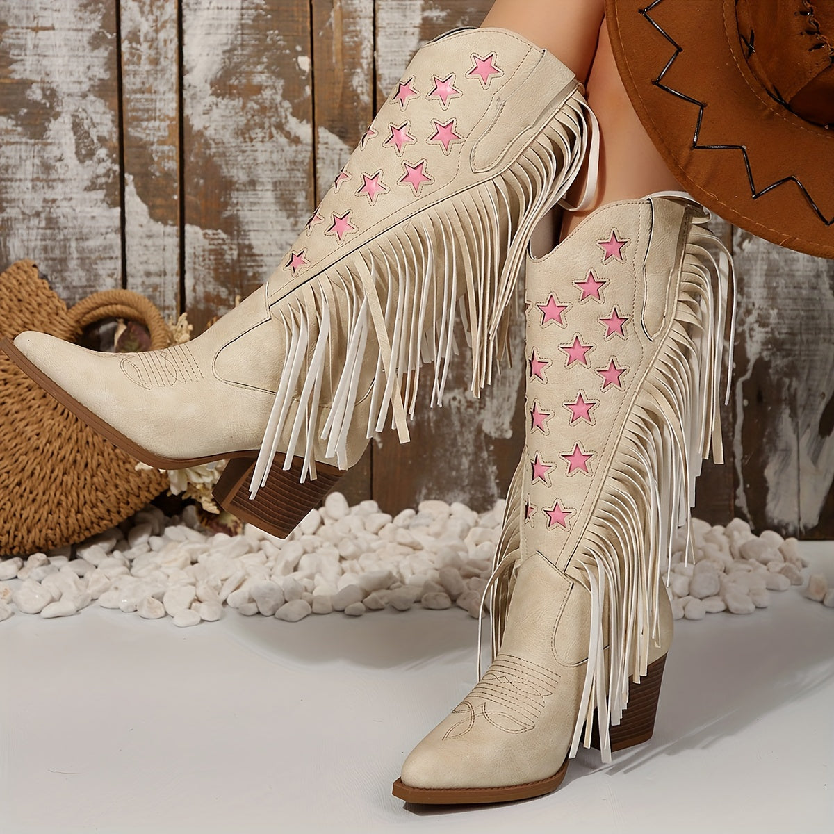 Women's Wide Calf Fringe Western Cowboy Boots for Walking – Beige