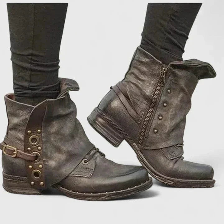 Women's Distressed Buckle-Detail Booties – Brown