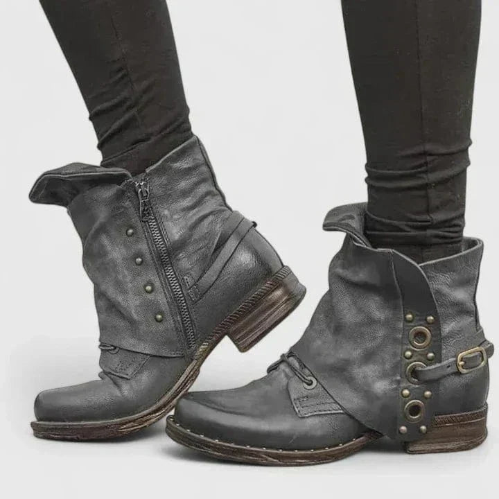 Women's Distressed Buckle-Detail Booties – Gray