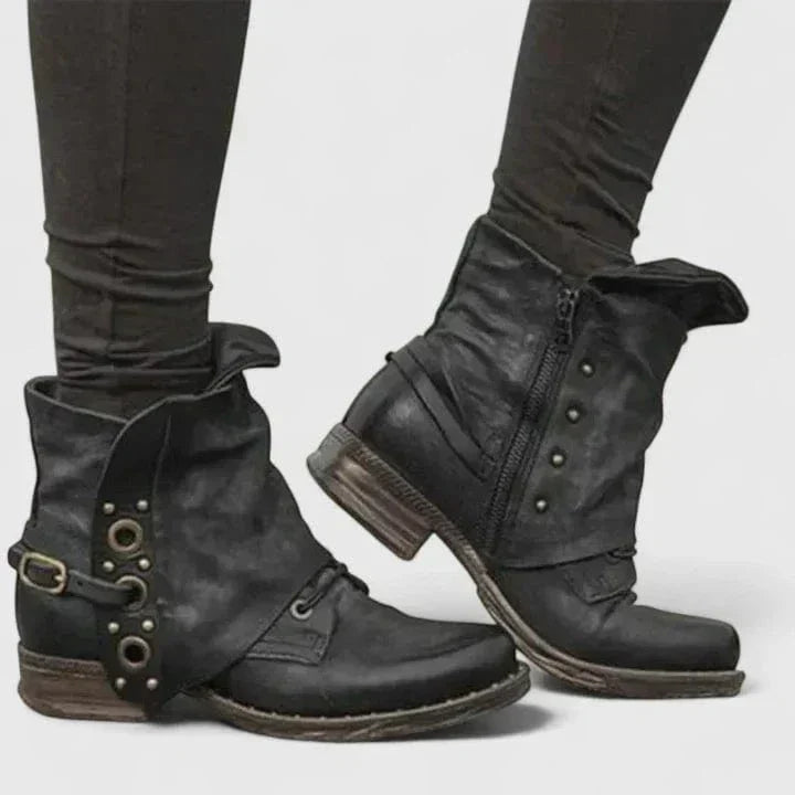 Women's Distressed Buckle-Detail Booties – Black