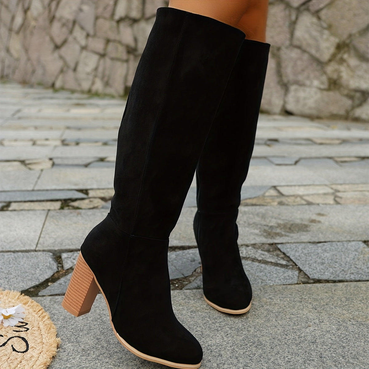 Women's Knee High Block-Heel Boots for Walking – Black