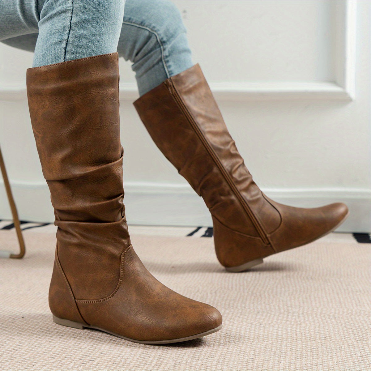 Women's Slouchy Knee-High Flat-Sole Boots – Light Brown