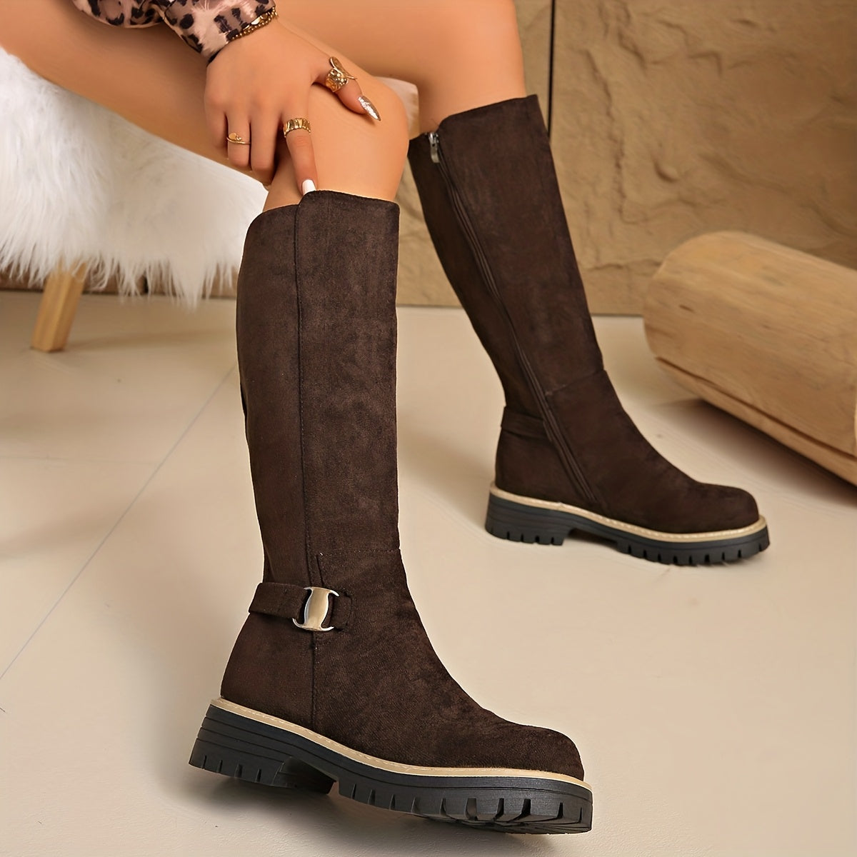 Women's Suede-Look Knee High Block-Heel Boots for Fall – Coffee