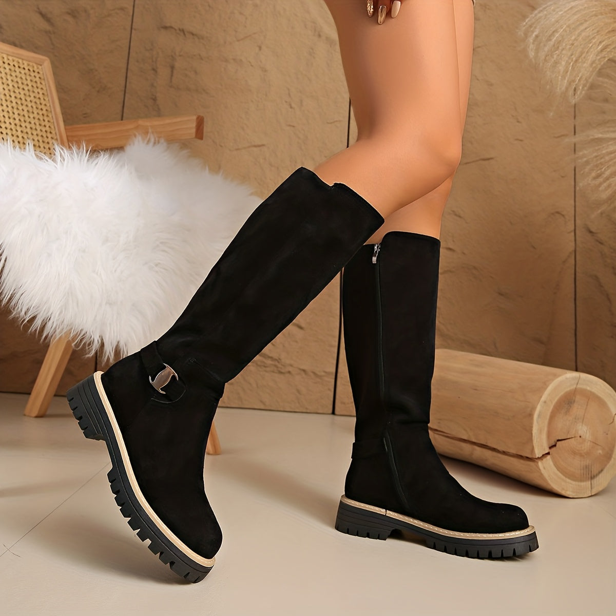 Women's Suede-Look Knee High Block-Heel Boots for Fall – Black