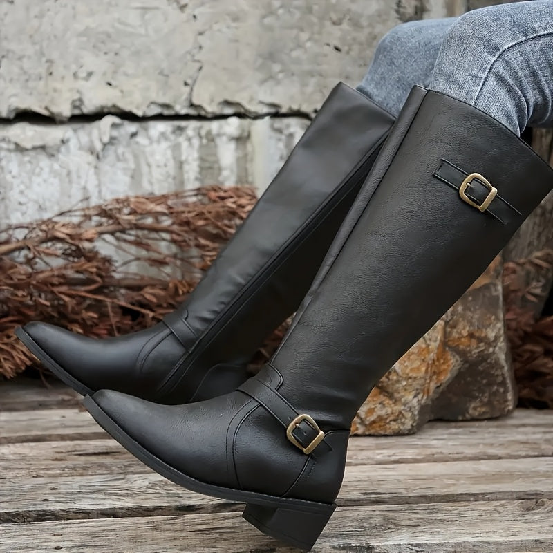 Women's Leather-Look Buckle-Detail Knee High Boots – view 1
