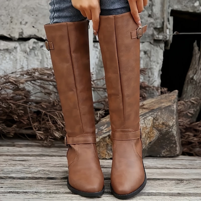 Women's Leather-Look Buckle-Detail Knee High Boots – Brown