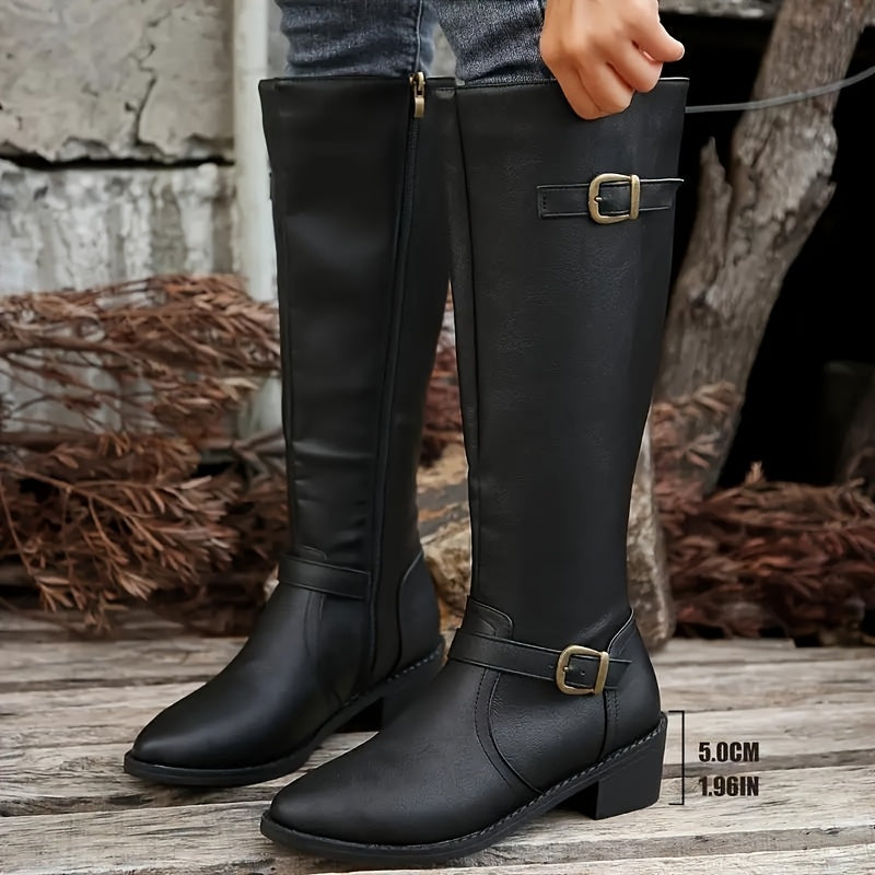 Women's Leather-Look Buckle-Detail Knee High Boots – Black