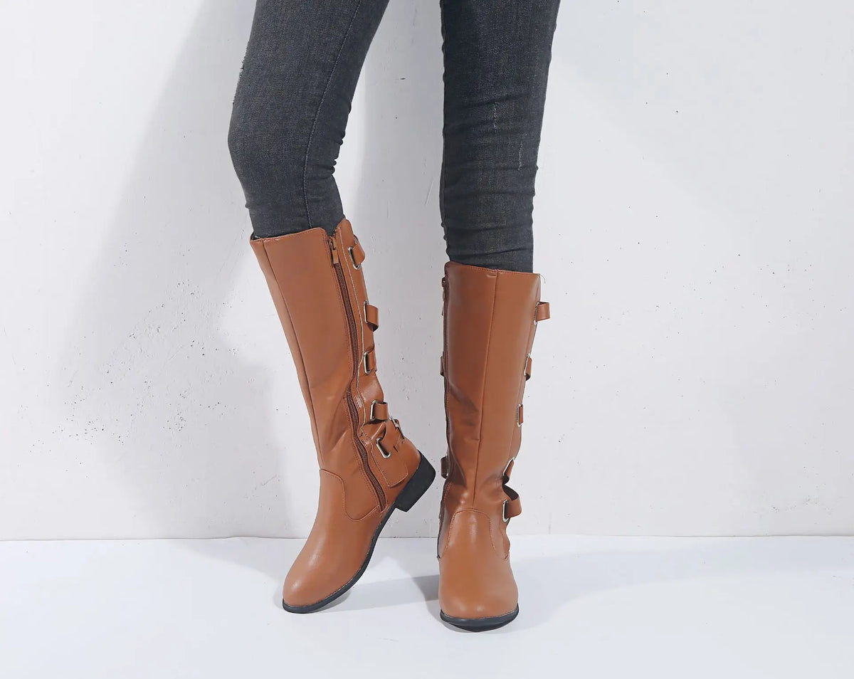 Women's Buckle-Detail Knee High Riding Boots – Brown