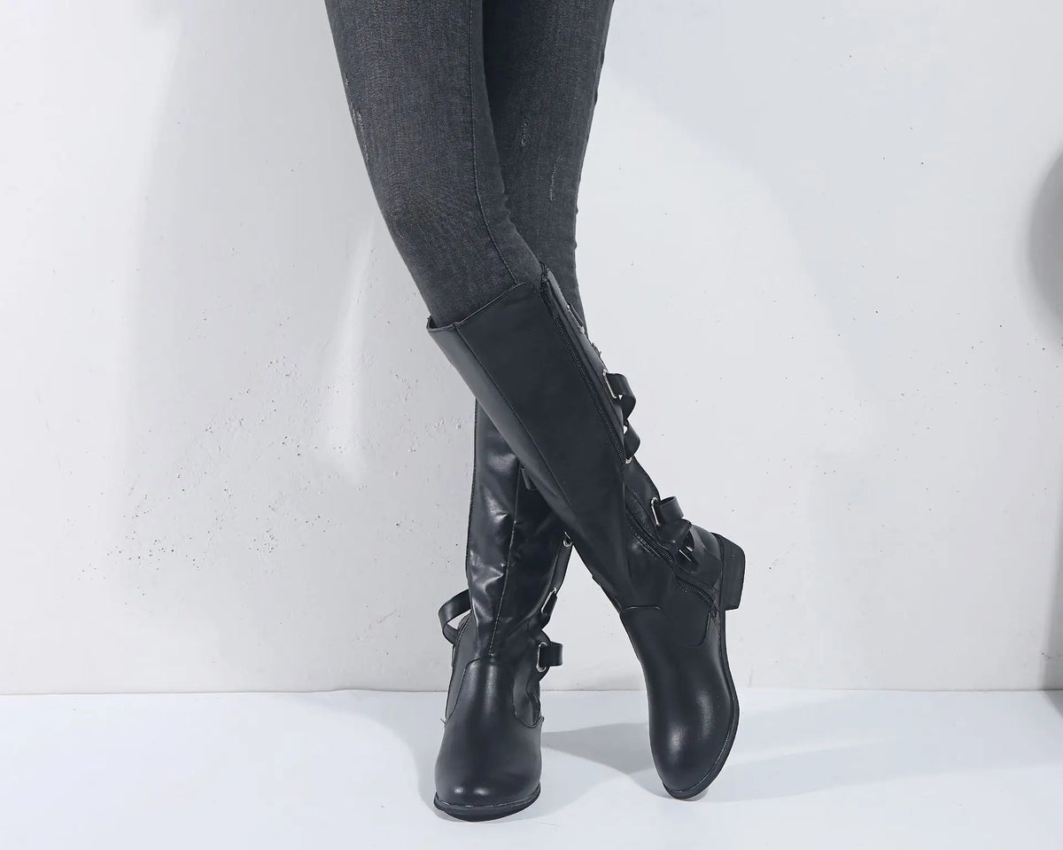 Women's Buckle-Detail Knee High Riding Boots – Black