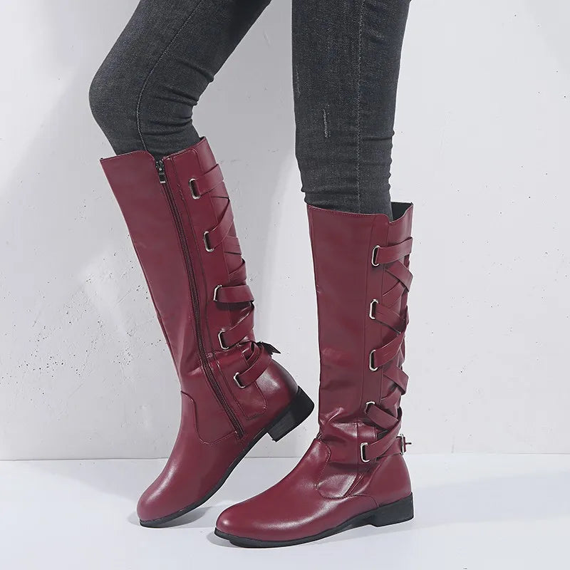 Women's Buckle-Detail Knee High Riding Boots – Wine Red
