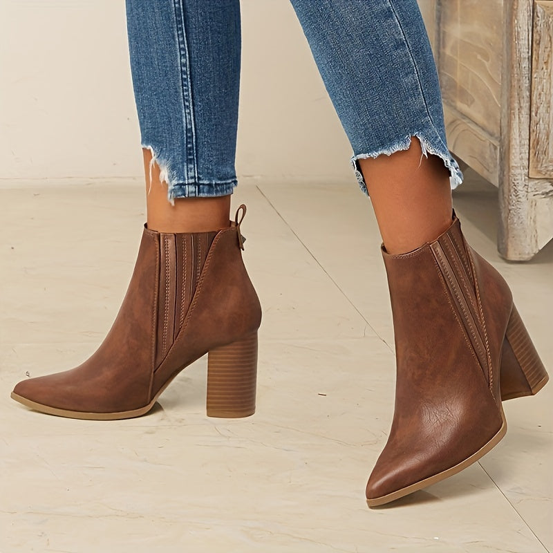 Women's Square Heel Pointed-Toe Booties – Brown