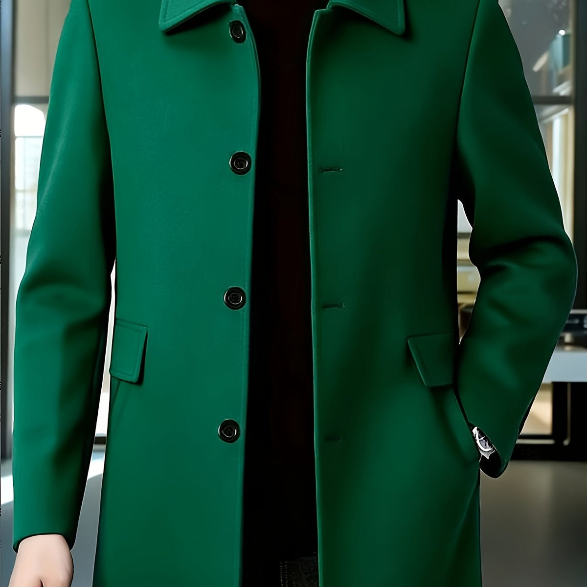 Men's Refined Single-Breast Overcoat with Side Pockets – Green