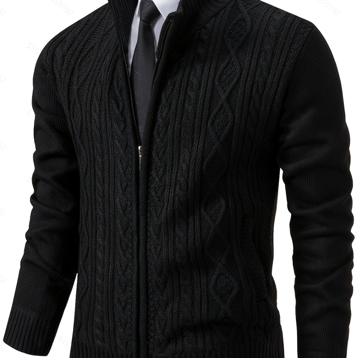 Men's Cable-Stitch Stand Collar Zip-Front Knit Cardigan – Black