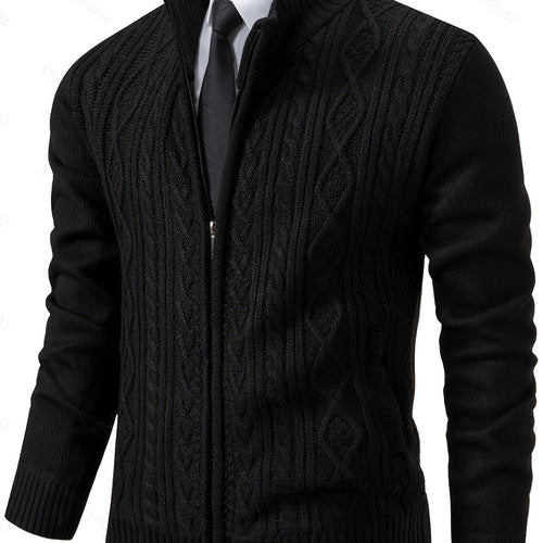 Men's Cable-Stitch Stand Collar Zip-Front Knit Cardigan – Black