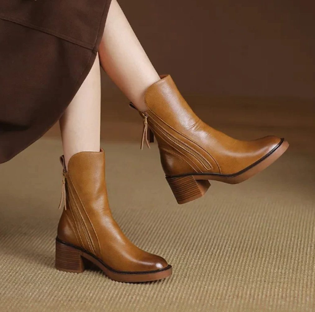 Women's Block-Heel Side-Zip Booties – Brown