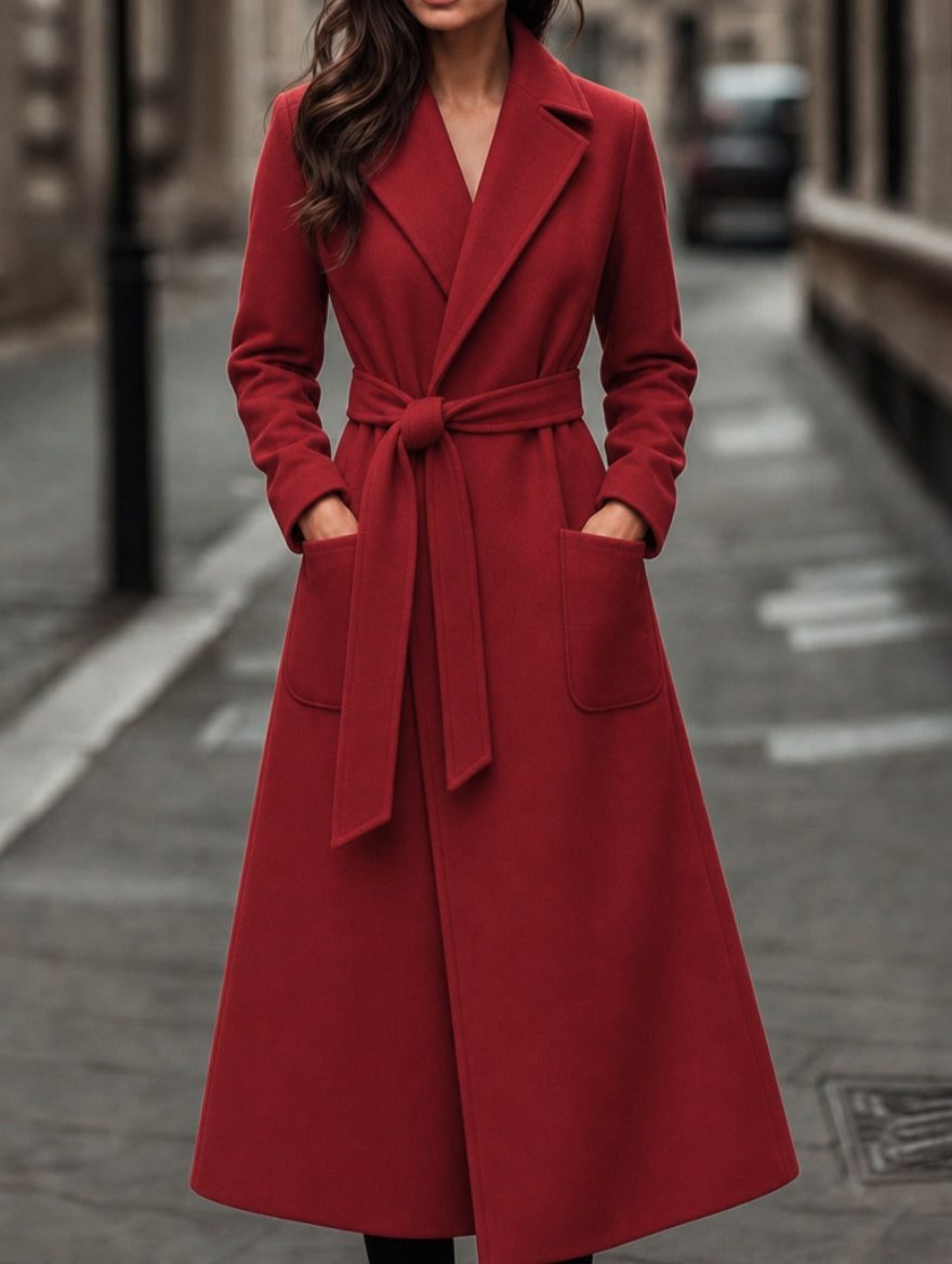 Women's Belt-Detail Wool Trench Coat – Red