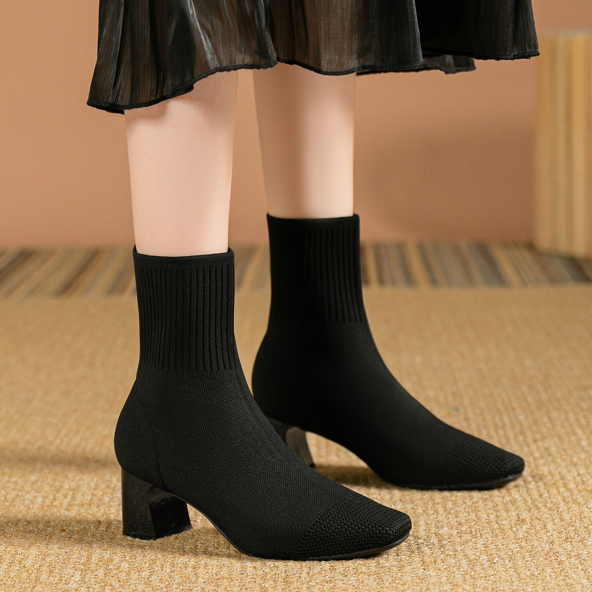 Women's Stretchy Knit Booties with Block Heel – view 4