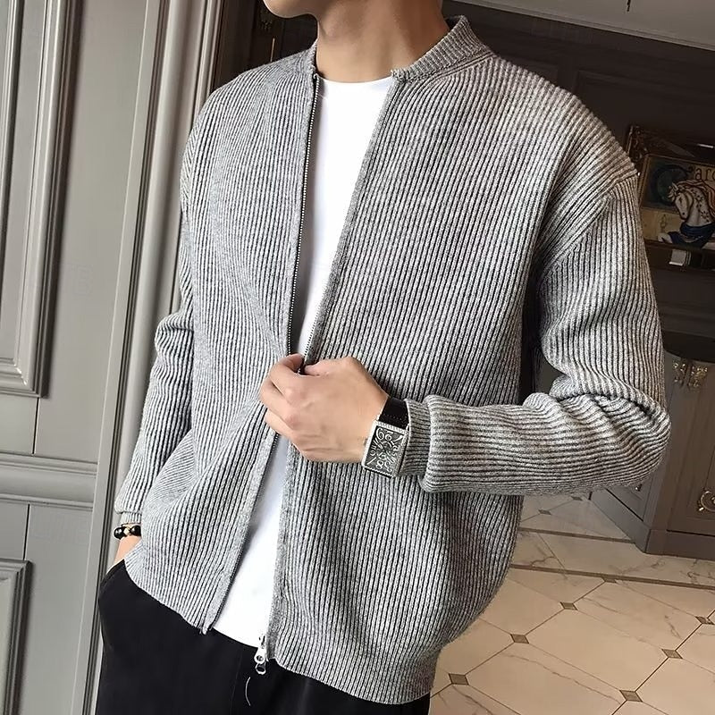 Men's Standing Collar Zip Knit Cardigan for Layering – Gray