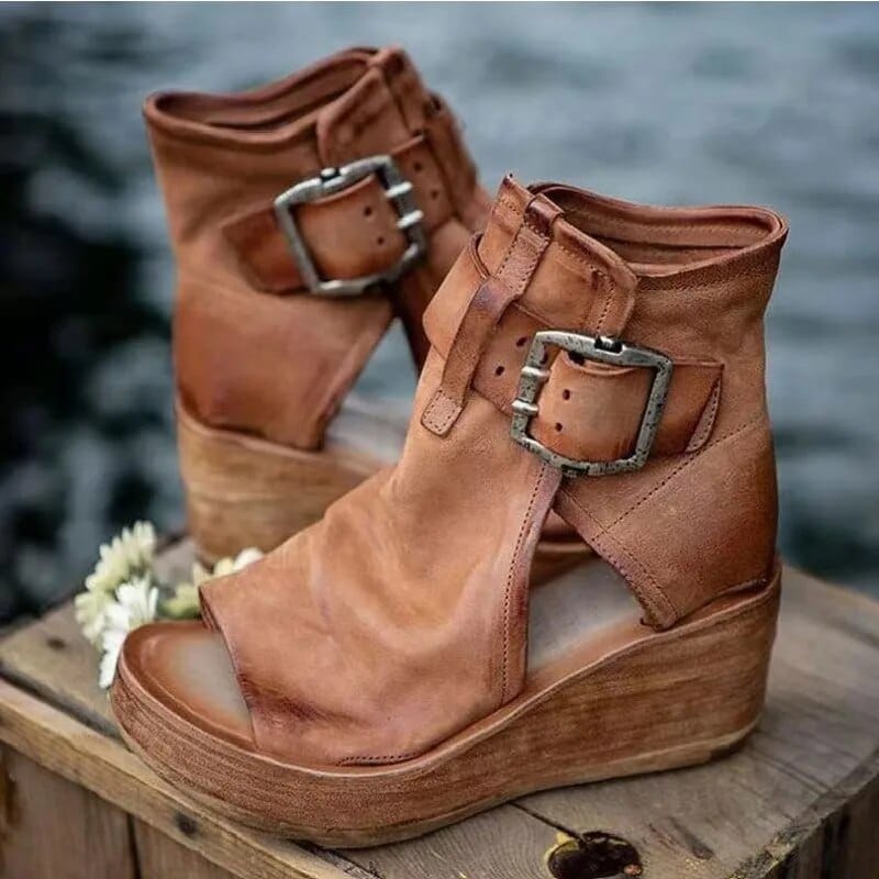 Women's Open-Toe Wedge-Heel Booties – Brown